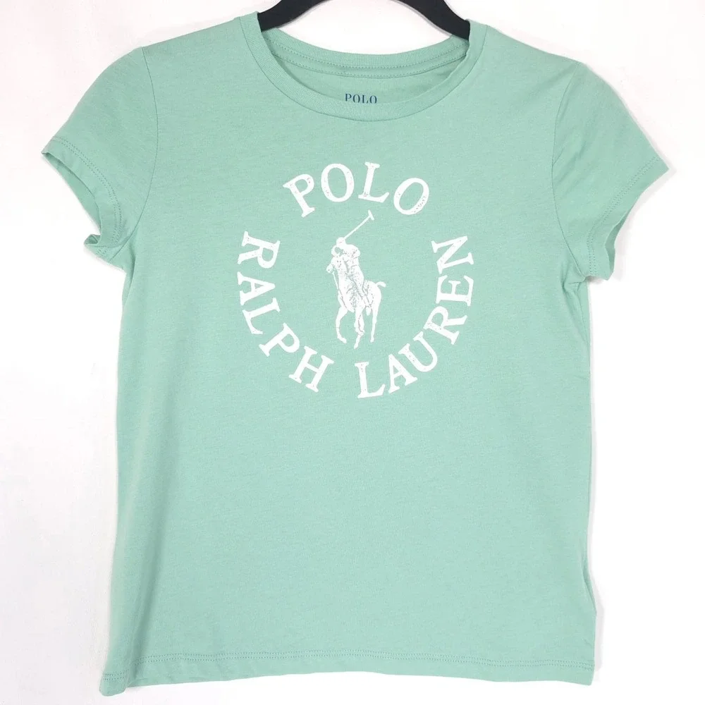 POLO RALPH LAUREN Kids Girls New T-Shirt MEDIUM 8-10 Green Logo Graphic Cotton